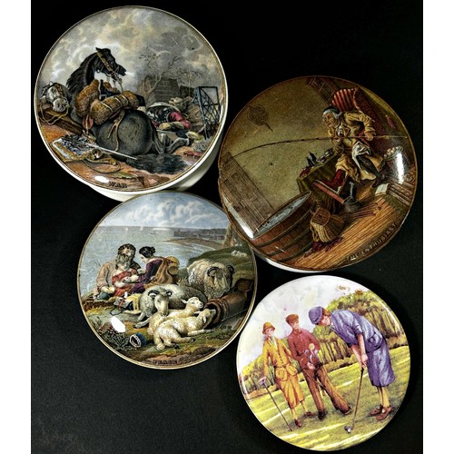 67 - A small decorative collection to include four Prattware pot lids, a Staffordshire figure group, etc