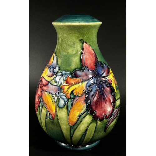 79 - A large Moorcroft pottery porcelain lamp base of tapering form with orchid motif decoration, impress... 