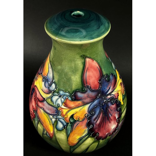 79 - A large Moorcroft pottery porcelain lamp base of tapering form with orchid motif decoration, impress... 