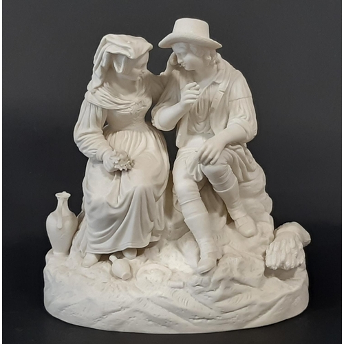 80 - A large 19th century Parian ware figure group in the form of a courting couple in harvest setting, u... 