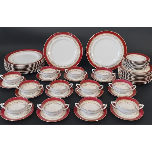 108 - A quantity of Royal Worcester 'Regency' pattern tea and dinner wares in crimson and gilt colourway c... 