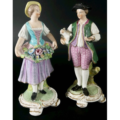 74 - A pair of 19th century Derby porcelain figures, young shepherd and maiden, marks to underside, each ... 