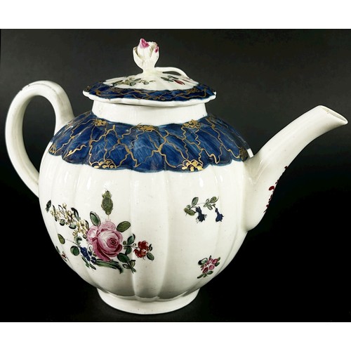 76 - An 18th century Liverpool porcelain teapot of pumpkin/gourd  form with floral sprig painted motifs a... 