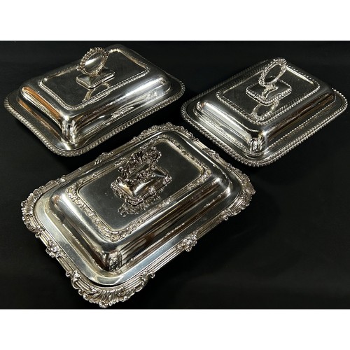 161 - Three similar Georgian style silver plated tureens with covers and removable rings