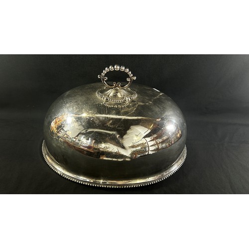 168 - A very large silver plated Christmas Turkey meat dome 51cm x 39cm, a silver plated flambé pan and a ... 