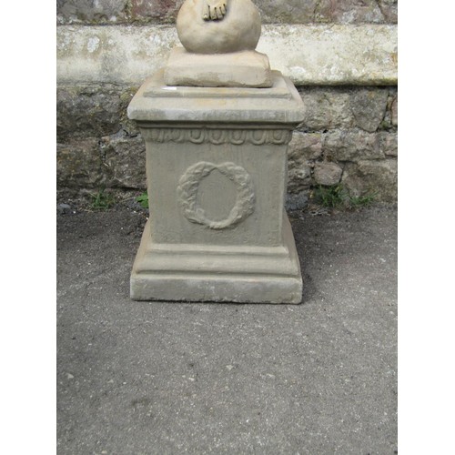 1187 - A composition stone garden ornament/study of Mercury raised on a square cut and stepped classical pe... 