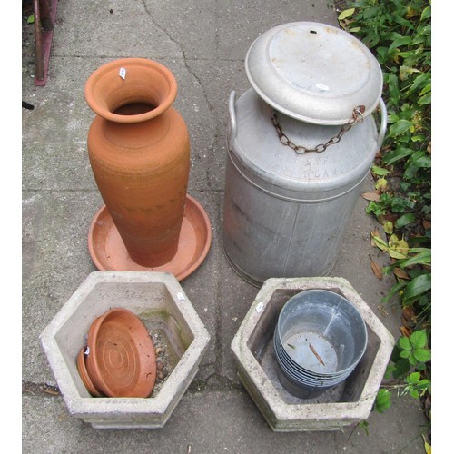 1195 - An aluminium milk churn and cap stamped H Smith Priestfield High Blanty RE, together with a pair of ... 