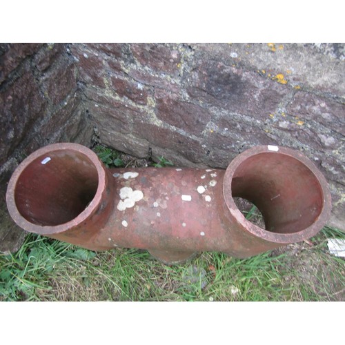 1206 - A reclaimed weathered terracotta H shaped cylindrical chimney pot, 61 cm high