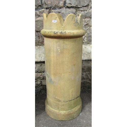 1209 - A weathered buff coloured cylindrical crown top chimney pot 74 cm high together with a weathered ter... 