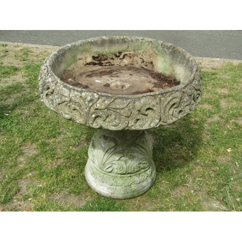 1214 - A large weathered cast composition stone garden planter, the square circular bowl with scrolling aca... 