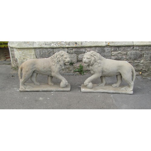 1216 - A pair of cast composition stone garden terrace/pier ornaments in the form of standing lions 55 cm h... 