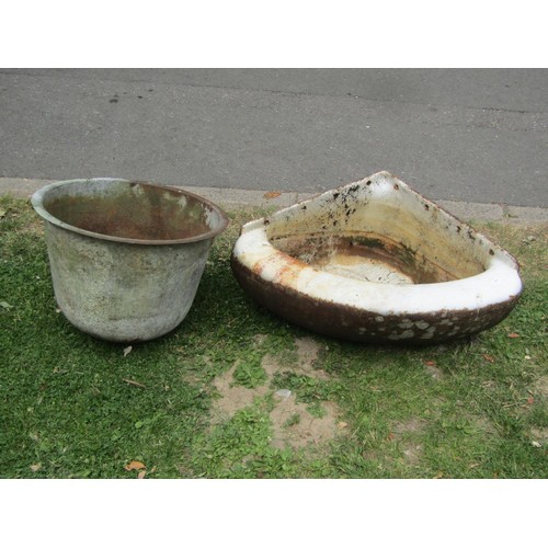 1218 - A vintage cast iron and enamel corner wall mounted stable trough 30 cm high x 61 cm together with an... 