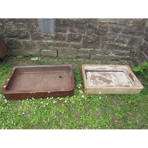 1233 - A salt glazed shallow rectangular sink with rounded front corners, 14 cm high x 77 cm x 46 cm togeth... 