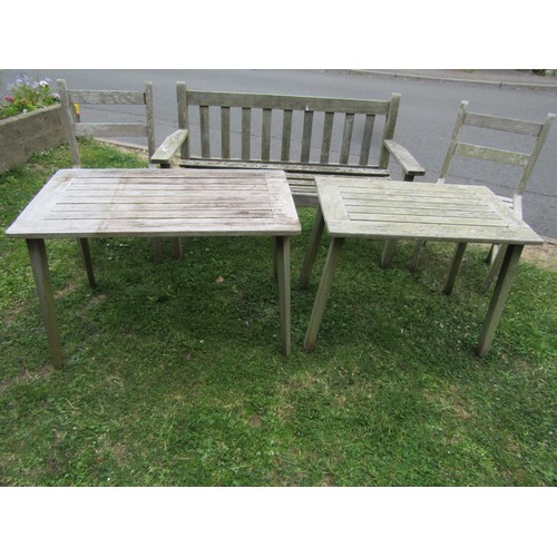 1245 - A vintage weathered teak two seat garden bench with slatted seat and back (probably a Lister example... 