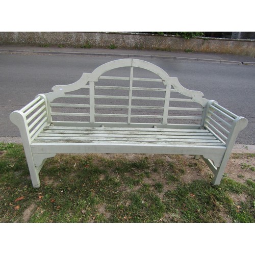 1248 - A pair of weathered light green painted Lutyens style garden benches, 180 cm long