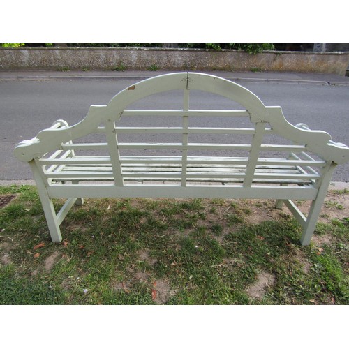 1248 - A pair of weathered light green painted Lutyens style garden benches, 180 cm long