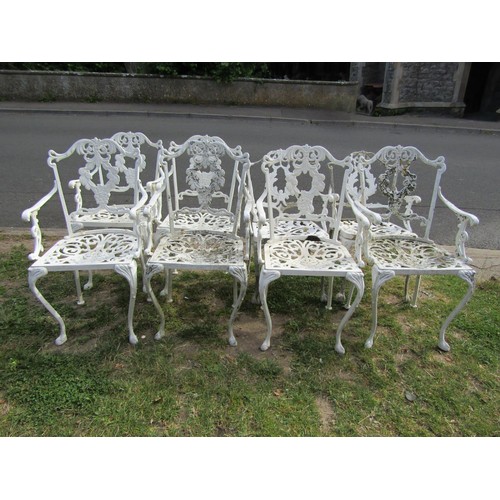 1253 - 8 similar weathered cream painted cast aluminium garden terrace chairs with open arms and decorative... 