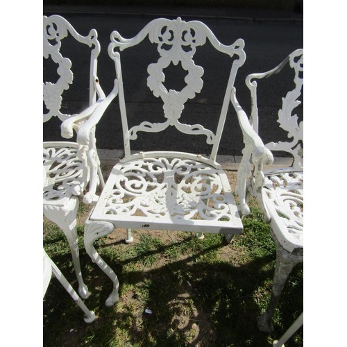 1253 - 8 similar weathered cream painted cast aluminium garden terrace chairs with open arms and decorative... 