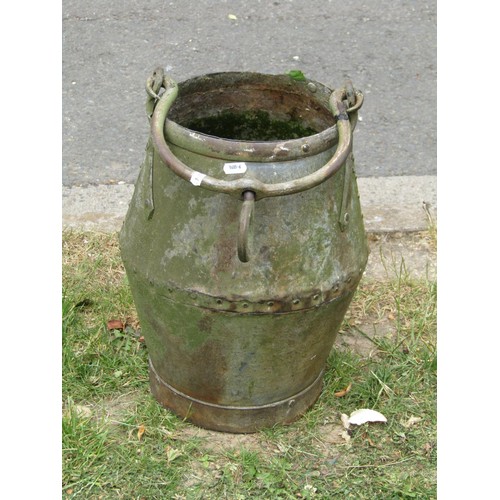 1300 - A vintage heavy gauge galvanised steel well  bucket with pop riveted seams and loop handle, 40 cm hi... 