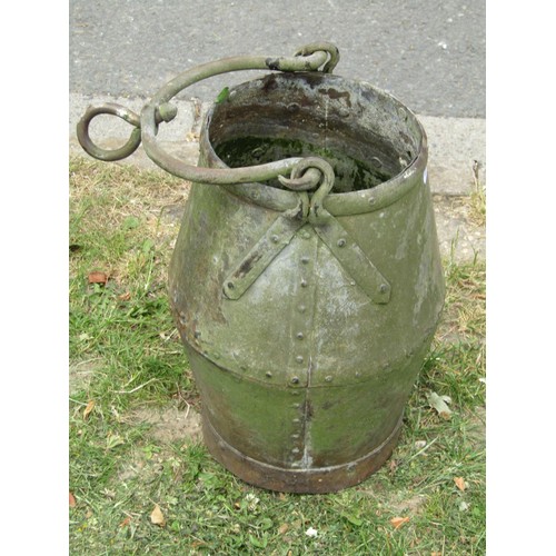 1300 - A vintage heavy gauge galvanised steel well  bucket with pop riveted seams and loop handle, 40 cm hi... 