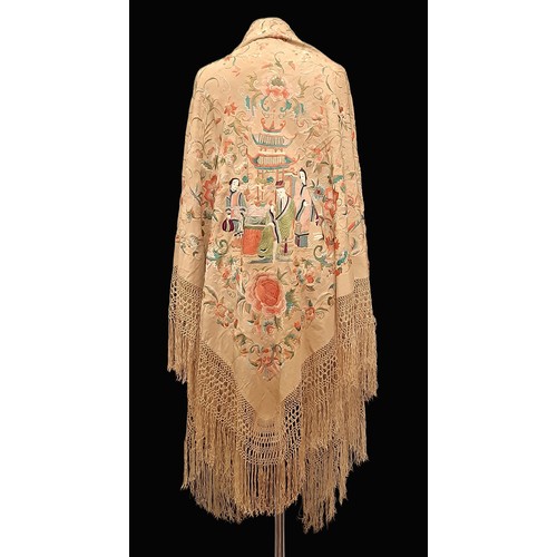 921 - Chinese silk piano shawl, late 19th/ early 20th century embroidered with figures in front of a pagod... 