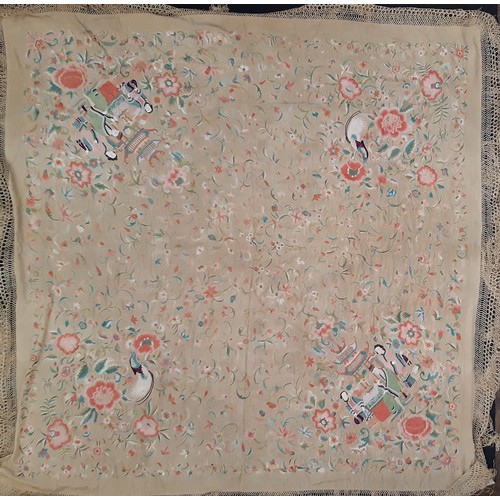 921 - Chinese silk piano shawl, late 19th/ early 20th century embroidered with figures in front of a pagod... 