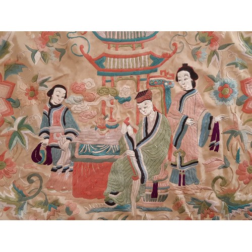 921 - Chinese silk piano shawl, late 19th/ early 20th century embroidered with figures in front of a pagod... 