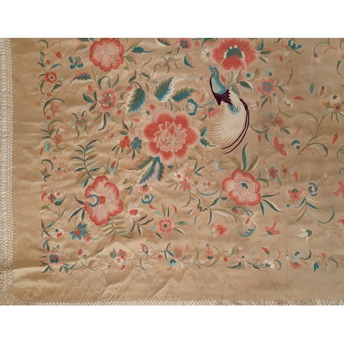 921 - Chinese silk piano shawl, late 19th/ early 20th century embroidered with figures in front of a pagod... 