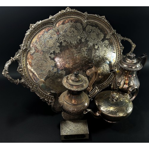 163 - A mixed collection of mostly 19th century silver plated items to include a large twin handled drinks... 