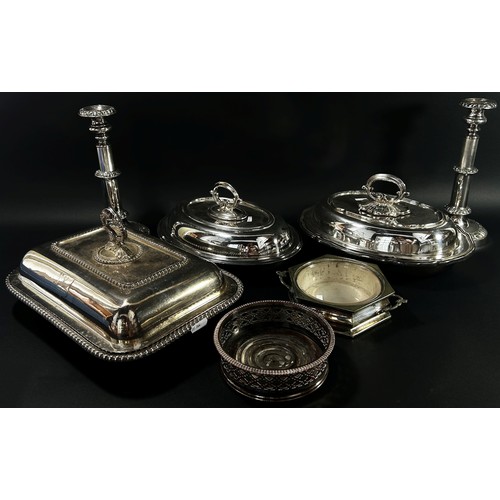 164 - Mixed silver plated wares to include three various lidded serving tureens, together with a quantity ... 