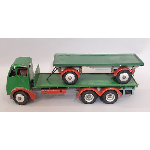 853 - Clockwork Foden flatbed truck and  open trailer with  green and red paintwork circa 1950,  probably ... 