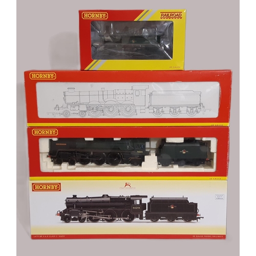 867 - Four 00 gauge boxed Hornby locomotives comprising R3323 Class 5 4-6-0 44694 in lined BR Black, R2318... 