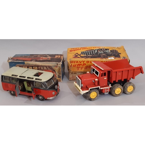 873 - Vintage boxed model vehicles comprising 1950's Farm Plough by Mettoy, a German made tin-plate VW Cam... 