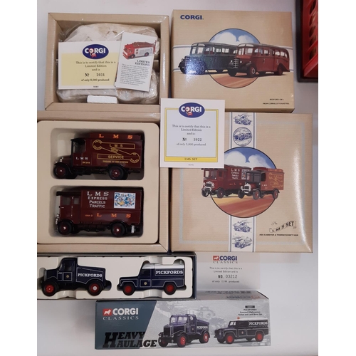 875 - 2 boxfuls of model vehicles including limited edition Corgi box sets 97078, 97754 and 16601, 8 from ... 