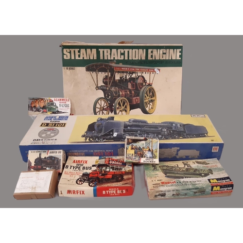 878 - 8 vintage model vehicle kits comprising 1:16 scale Steam Traction engine by Bandai, 1:50 scale Japan... 