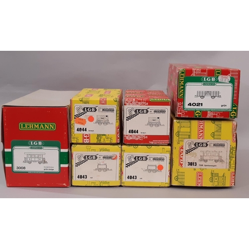 879 - 7 boxed items of LGB (Lehmann-Gross-Bahn) G scale rolling stock  comprising 4044 x2, 4043 x2, 3008, ... 