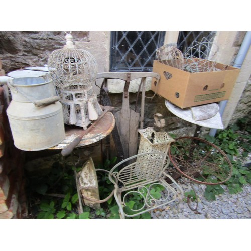 1231 - One lot of miscellaneous items to include 3 iron work tables of varying design, wire work hanging ba... 