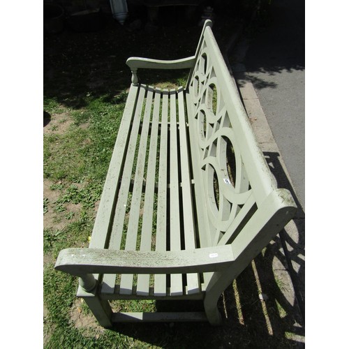 1257 - A good quality heavy gauge light green painted teak three seat garden bench with curved slatted seat... 