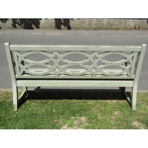 1257 - A good quality heavy gauge light green painted teak three seat garden bench with curved slatted seat... 