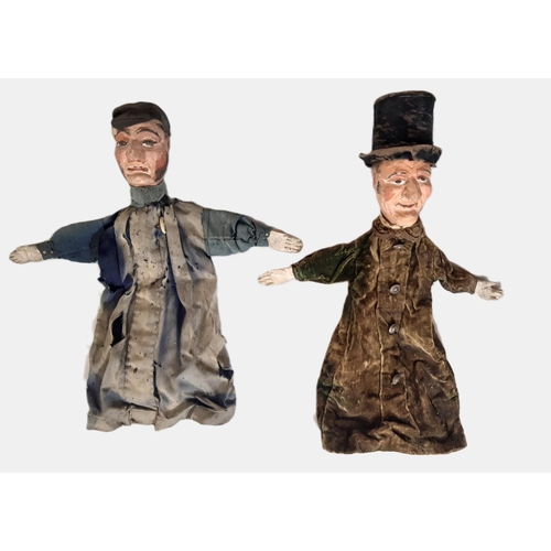 900 - Two Victorian character glove puppets both with carved wooden head and hands, and with painted featu... 