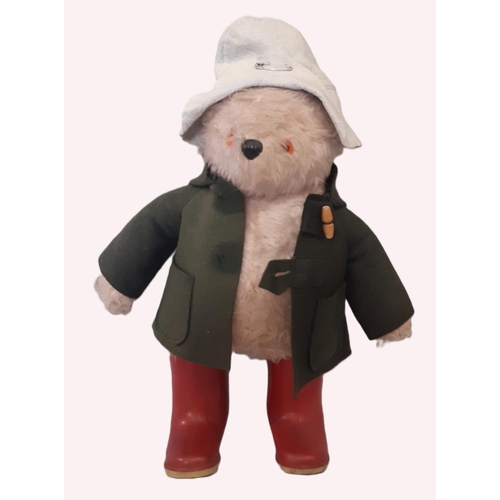 906 - A vintage Paddington Bear by Gabrielle Designs wearing hat, duffle coat and size 6 Dunlop Wellington... 