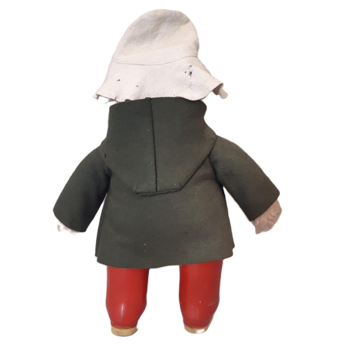 906 - A vintage Paddington Bear by Gabrielle Designs wearing hat, duffle coat and size 6 Dunlop Wellington... 