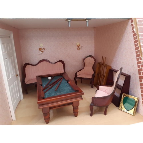 909 - 3 storey dolls house in the style of a period red brick town house with hinged front and roof, compl... 