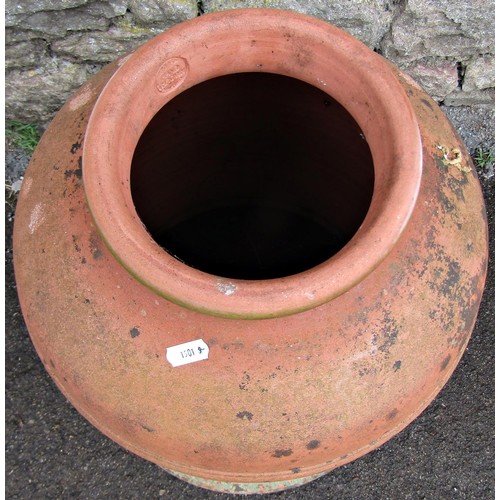 1289 - A weathered terracotta bell shaped rhubarb forcer complete with cap, 60 cm high approximately