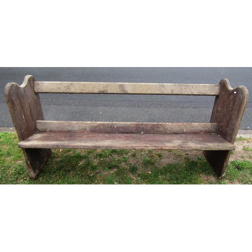 1269 - A stained pine church pew with plank seat, shaped ends and through jointed back rail (af) barn fresh... 