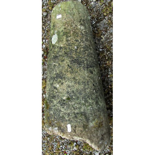 1167 - A pair of weathered natural stone staddle stone bases of unusual cylindrical tapered form, 60 cm hig... 