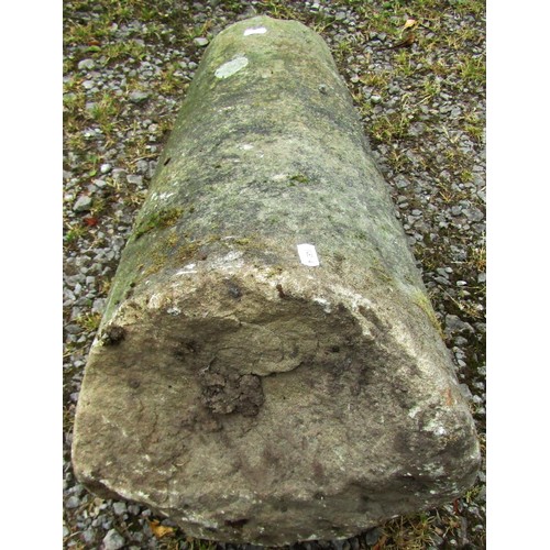 1167 - A pair of weathered natural stone staddle stone bases of unusual cylindrical tapered form, 60 cm hig... 