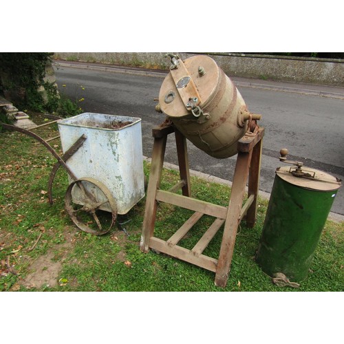 1243 - A vintage coopered oak and steel banded butter churn and pine stand (af) together with a cylindrical... 