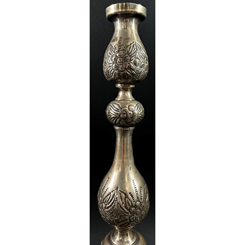 192 - A pair of silver Judaic candlesticks with floral etched design, London, 1919, makers mark J. Zeving,... 