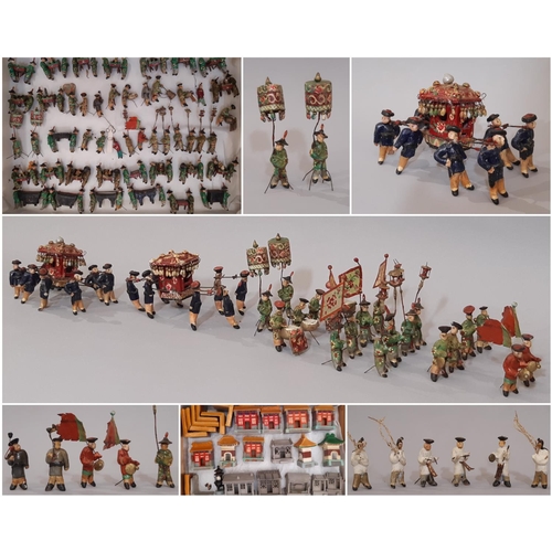 908 - An extensive collection of early 20th Chinese miniature clay figures painted and glazed forming a tr... 